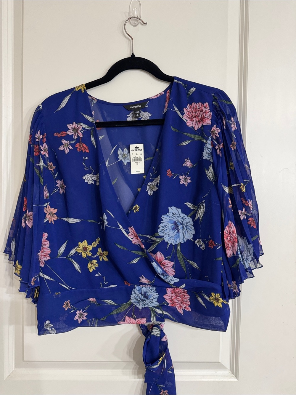 Express Royal Blue Floral Wrap Tie Blouse